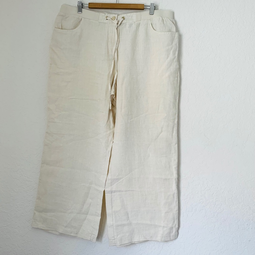 JM Collection Linen Pants Womens 18 Short Beige Wide Leg Drawstring Coastal Boho